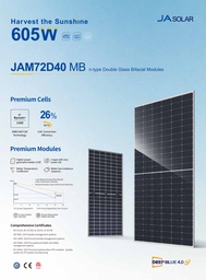 [MODJASJAM72D40-605/MB] PANEL SOLAR JA SOLAR JAM72D40-605/MB N-Type (TOPCon) Deep Blue 4.0 Pro